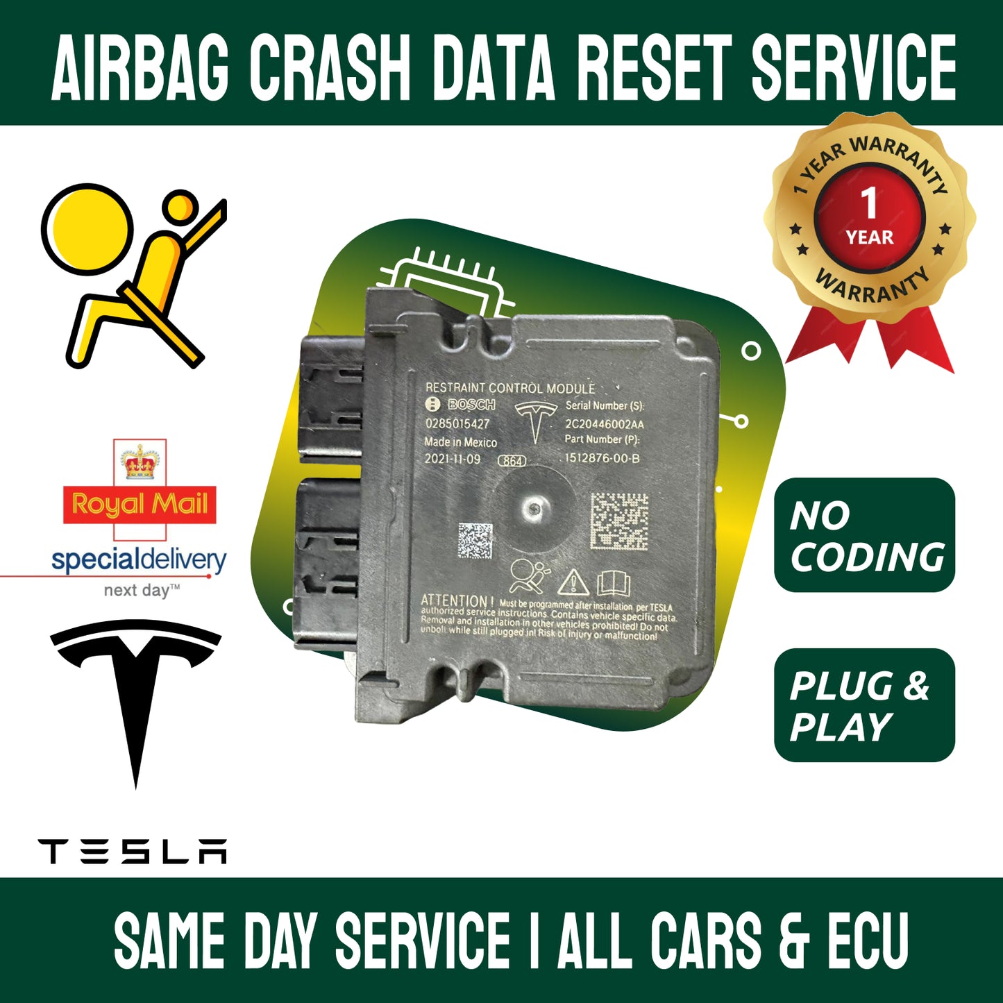 Tesla 1512876-00-E (Model 3 / Y) Crash Data Airbag Module Reset  — Locked R7F701330A