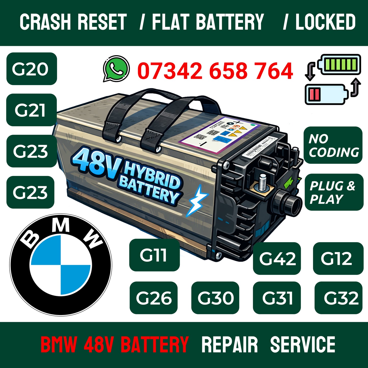 BMW G Series 48V Mild Hybrid Battery Reset Unlock Crash Shutdown Service BMS